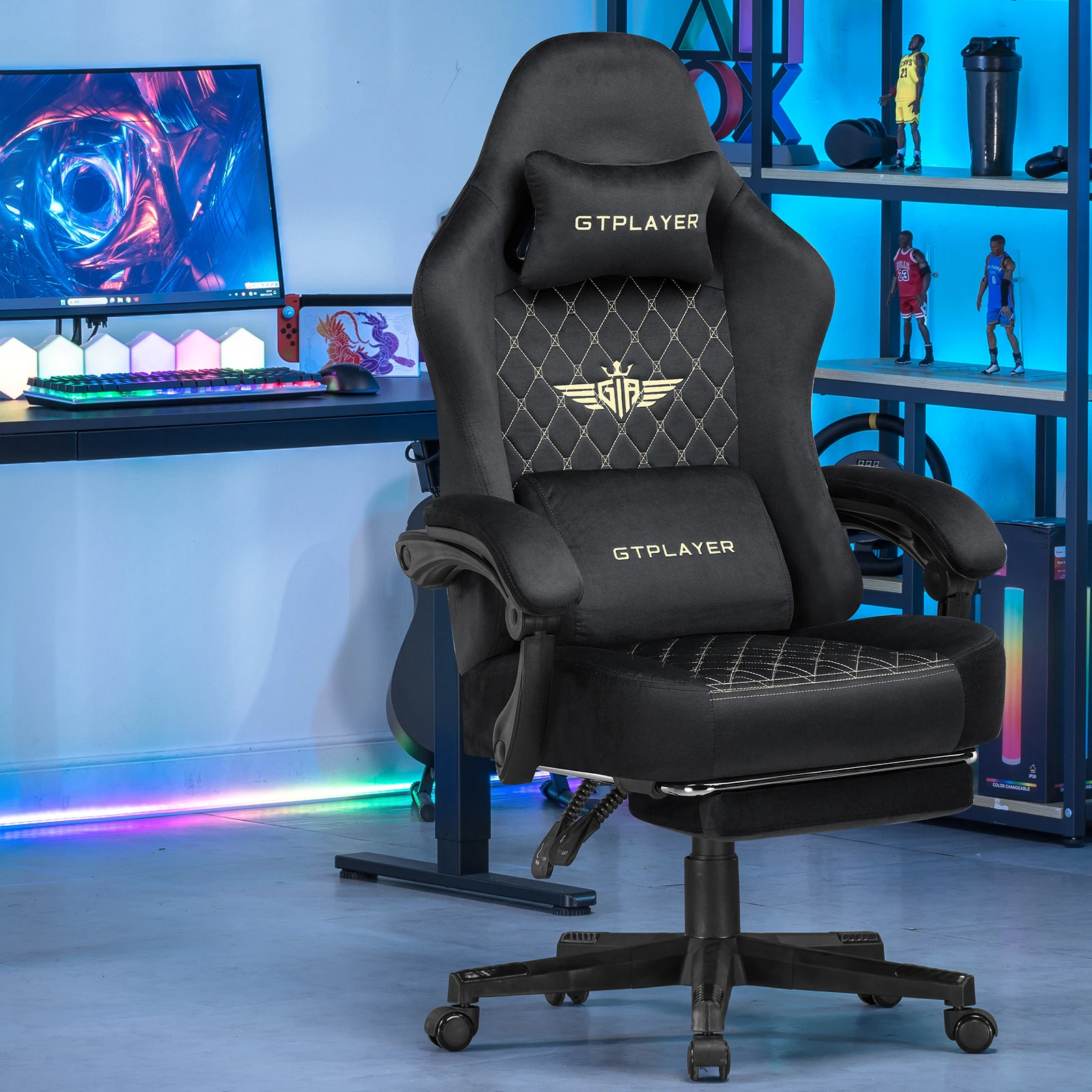 Fotel Gamingowy Materiałowy GTPLAYER Ergonomiczny do Komputera z Podnóżkiem i Poduszką na Sprężynie, Obciążenie 150KG, Obrotowy i Regulowany Fotel Biurkowy