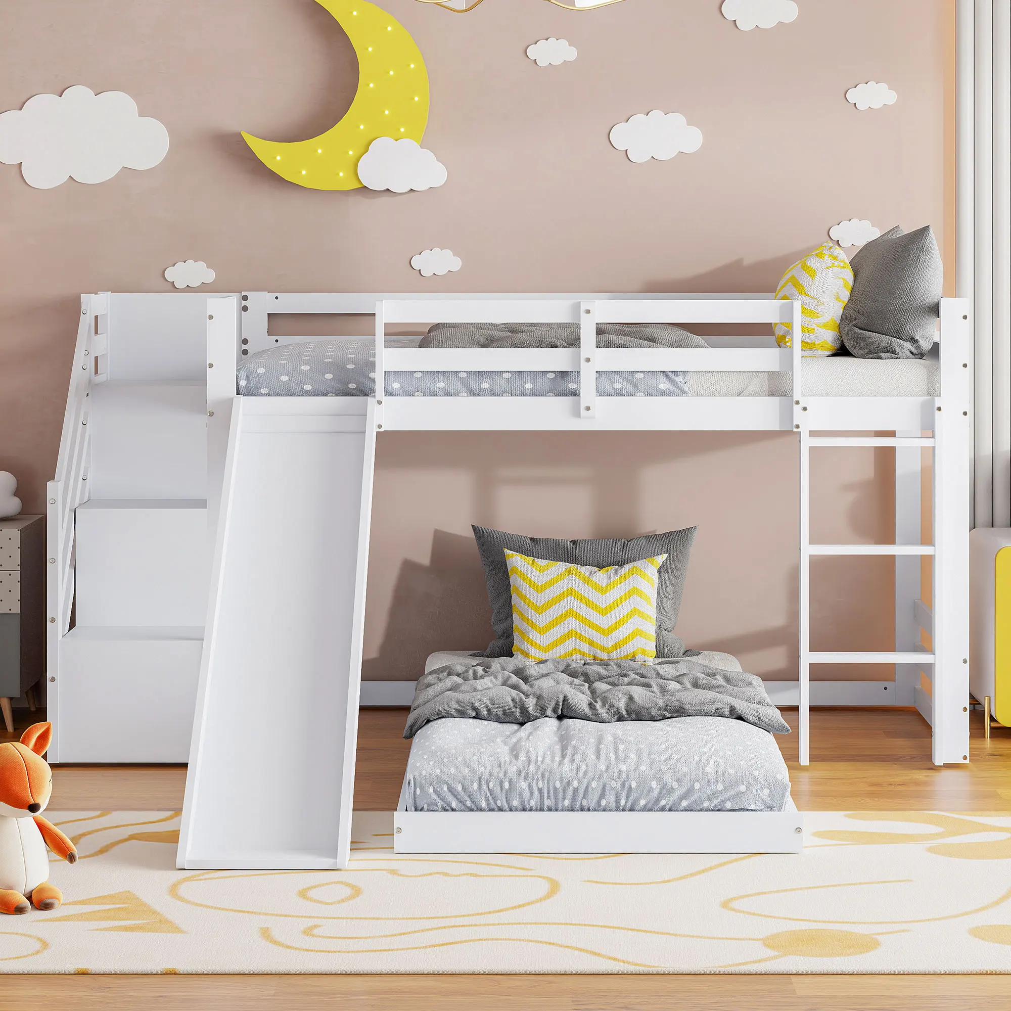Etagen bett und Kinder rutsche, Zwischen geschoss mit Einzel bett leiter 90x200 cm mit Absturz sicherung