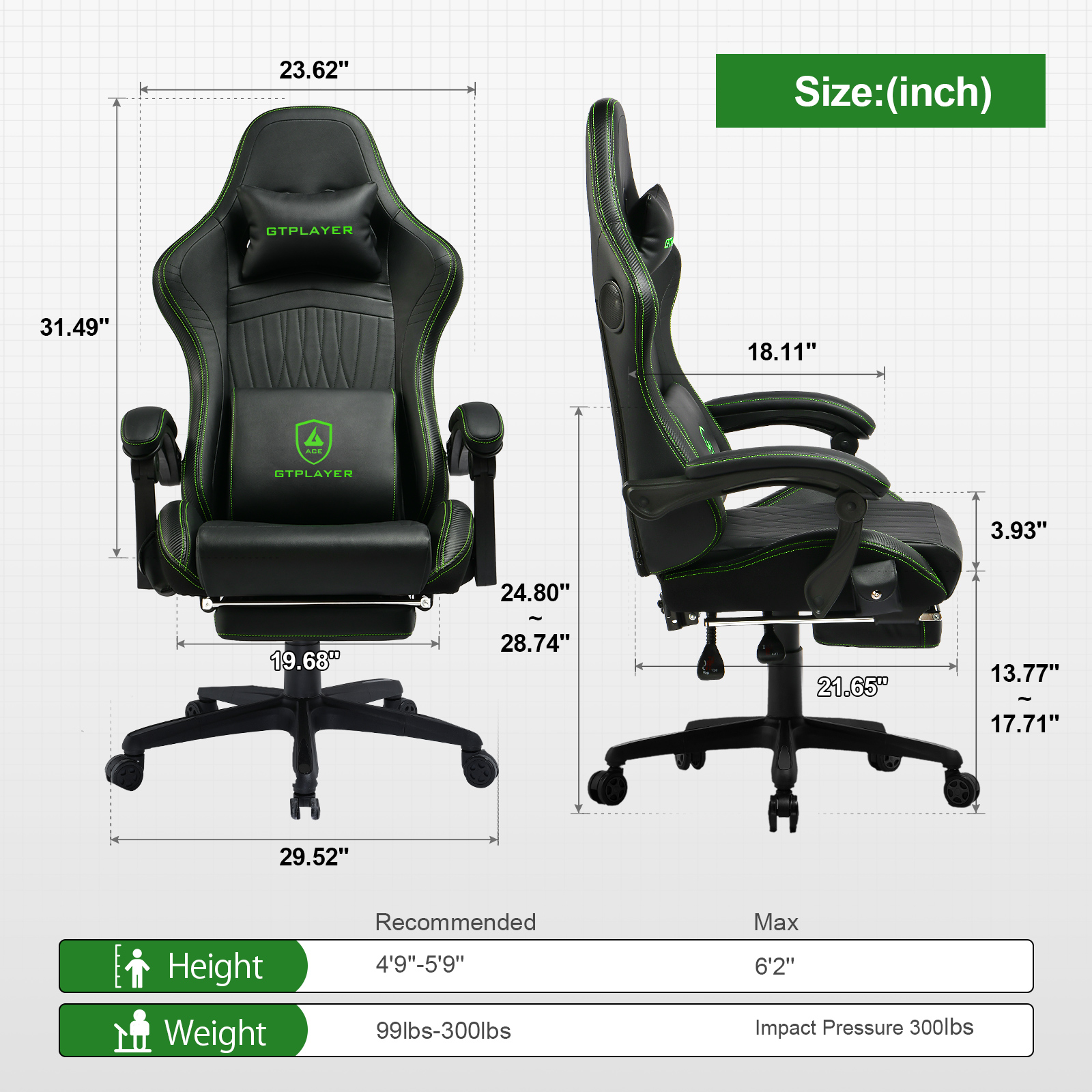 GTPLAYER Gaming Chair with Footrest, Dual Bluetooth 5.1 Speakers, Heavy Duty Large Frame Cold Cure Foam Height Adjustable Co