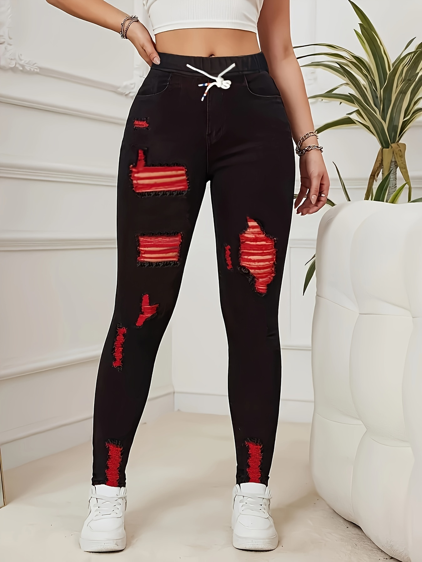 Damen-Stretch-Jeans, elastische Taille, Kordelzug, elegant, Distressed, rot, schmal, personalisierter Designer-Stil, geeignet für alle Jahreszeiten