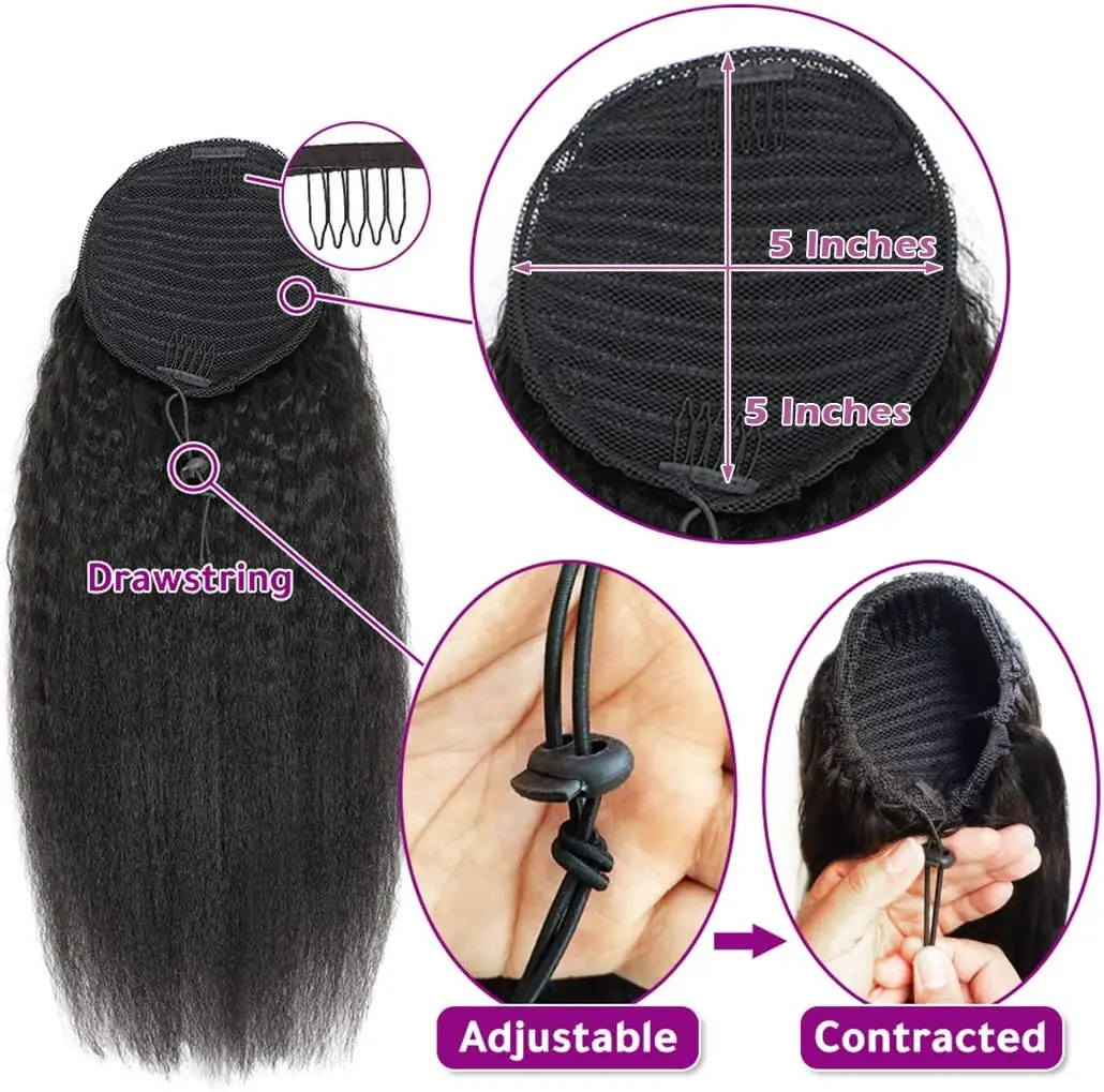Extensión de cabello humano con cola de caballo recta rizada, 100% cabello humano Real envolvente con cordón en cola de caballo, negro Natural # 1B para mujeres