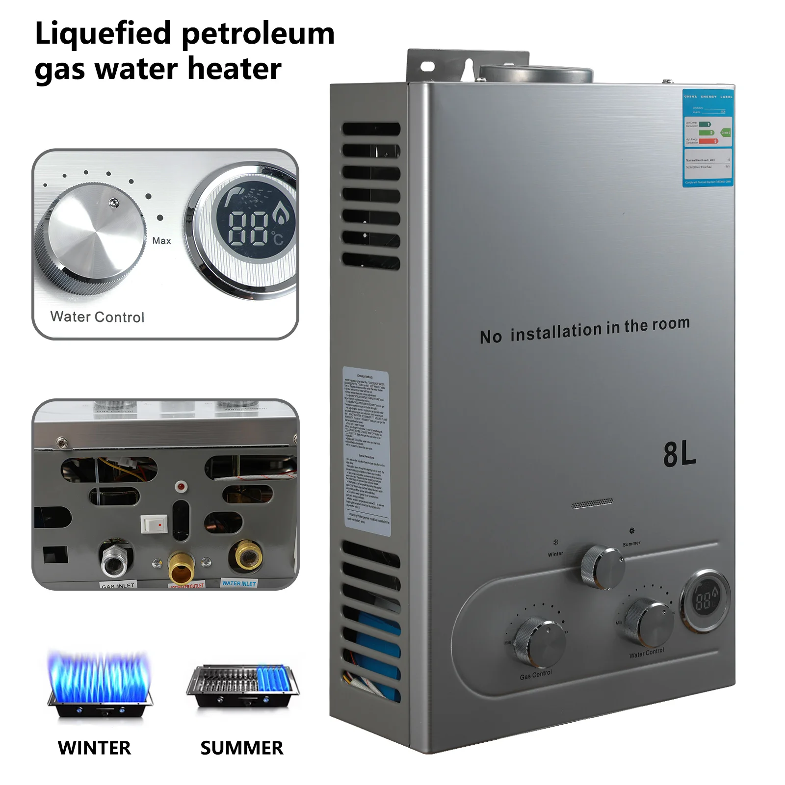 8L/6L LPG Portable Instand Water Heater Propane Gas LPG Wall-Mounted Tankless Water Heater Digital Display With Shower Kit