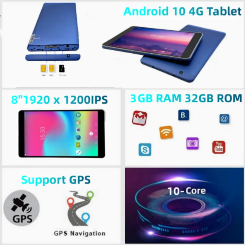 1920x1200 Pixels 8” Android 10 Tablet 3GB RAM 32GB ROM 10-Core MTK6797 4G Phone Call Dual SIM Card WIFI Support GPS Bluetooth