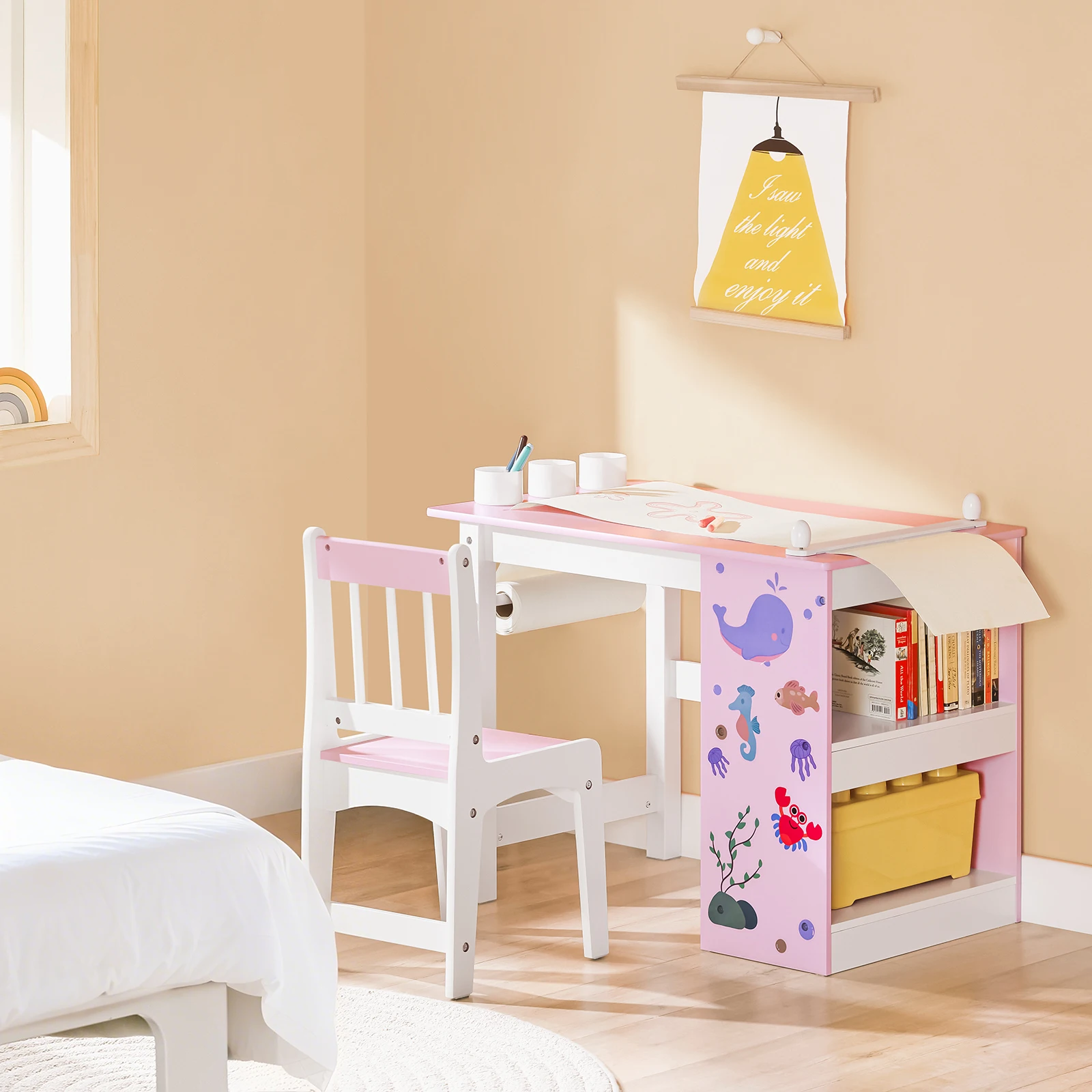 SoBuy KMB116-P 2 Stück Kindertisch und Stuhl Set mit Aufklebern DIY Kinderschreibtisch mit 3 Stifthaltern Set Maltisch