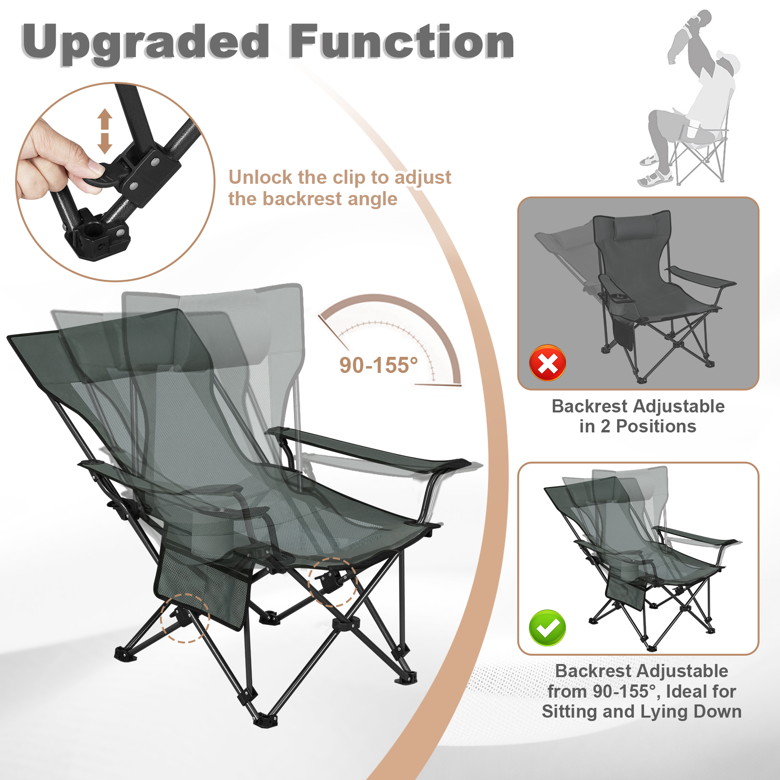 Chaise de camping pliable avec dossier réglable, chaise de pêche pliante, chaise inclinable ultralégère avec sac de transport, support de clics, Carry B