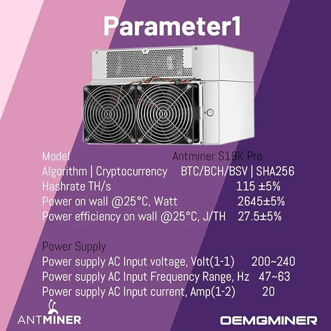 Antminer S19k pro 115Th 2645W Bitmain Crypto BTC Bitcoin Minería Asic Miner