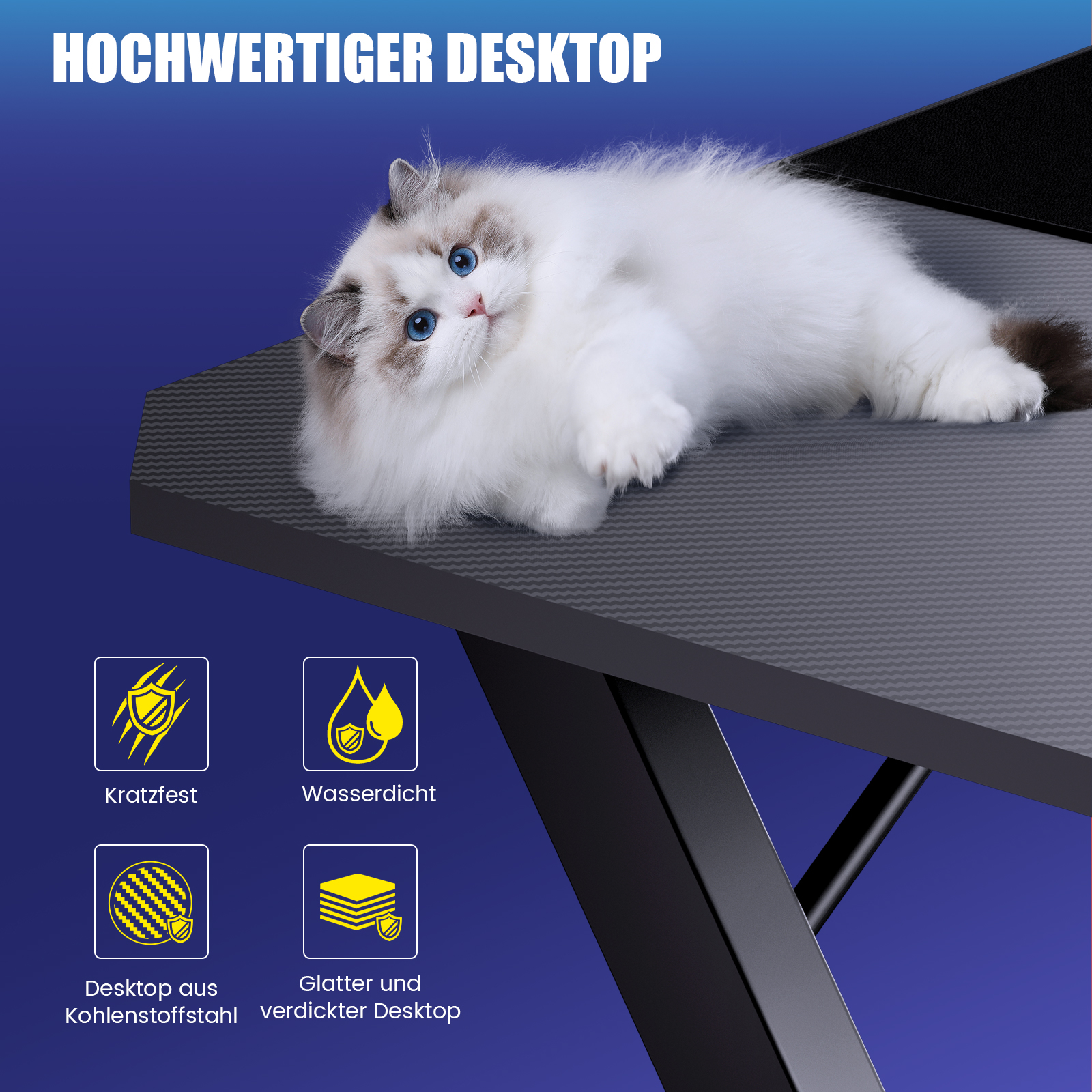 GTPLAYER Gamingtafel, Gaming bureau 120x60cm, PC-tafel Gamertafel met koolstofvezeloppervlak/LED/aansluiting, Zwart