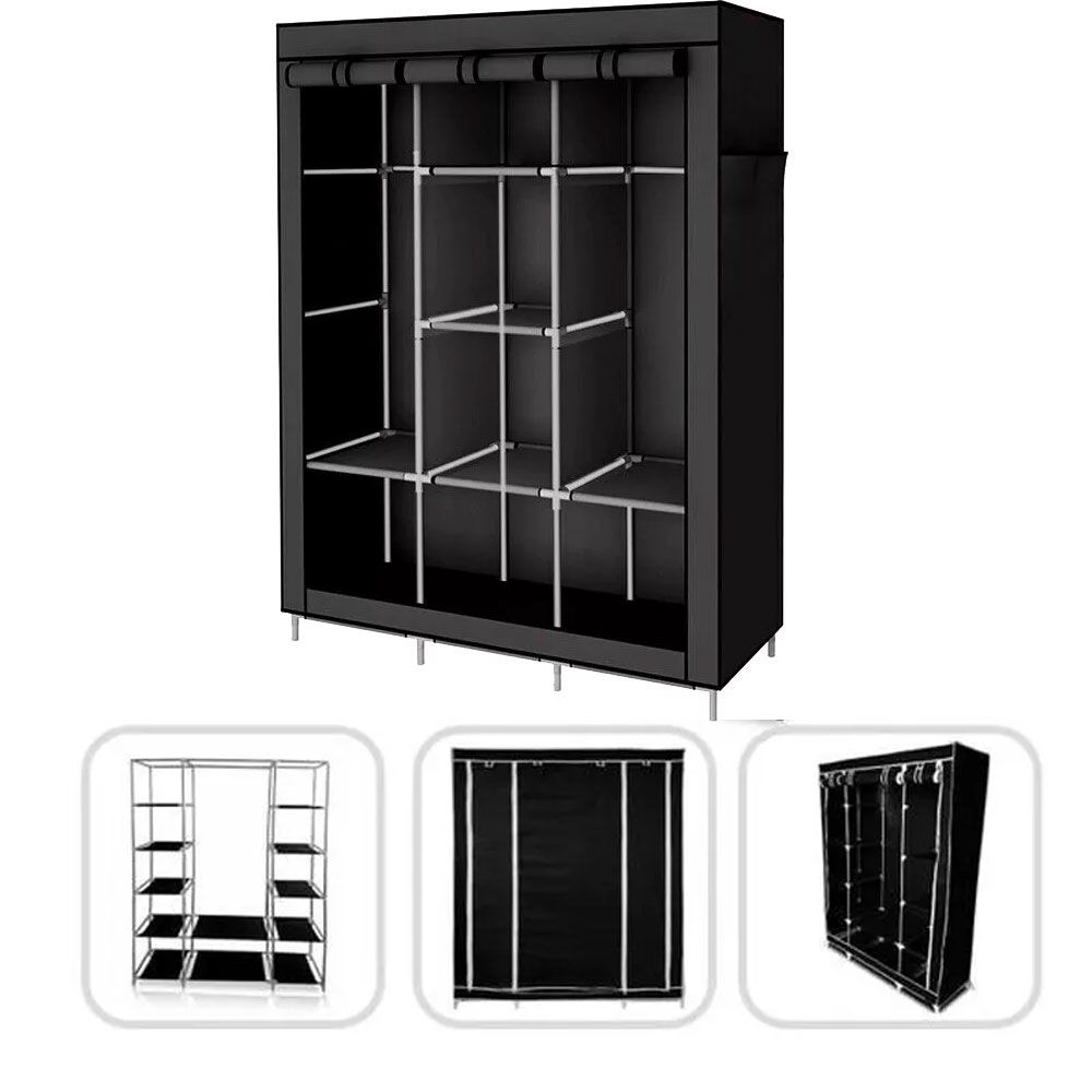 Large Canvas Fabric Wardrobe With Hanging Rail Shelving Clothes Storage Cupboard