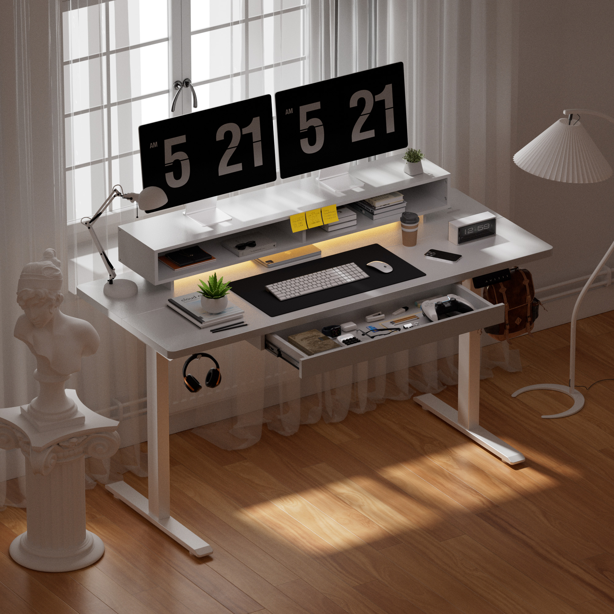 GTPLAYER Bureau Réglable en Hauteur Électrique 120x60 cm avec Tiroirs et Support Écran Bureau Ergonomique pour Bureau et Gaming Blanc