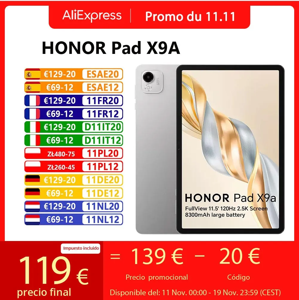 Globale Version HONOR Pad X9a 11,5" 120Hz 2,5K Fullview Display Snapdragon 685 Slim Metal Body Tablet WiFi Android15 8300mAh