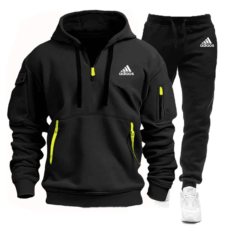 Conjunto de ropa deportiva y pantalones con múltiples bolsillos y cremallera para hombre, ropa deportiva informal, traje para correr, conjunto de dos piezas con capucha para primavera y otoño 2024