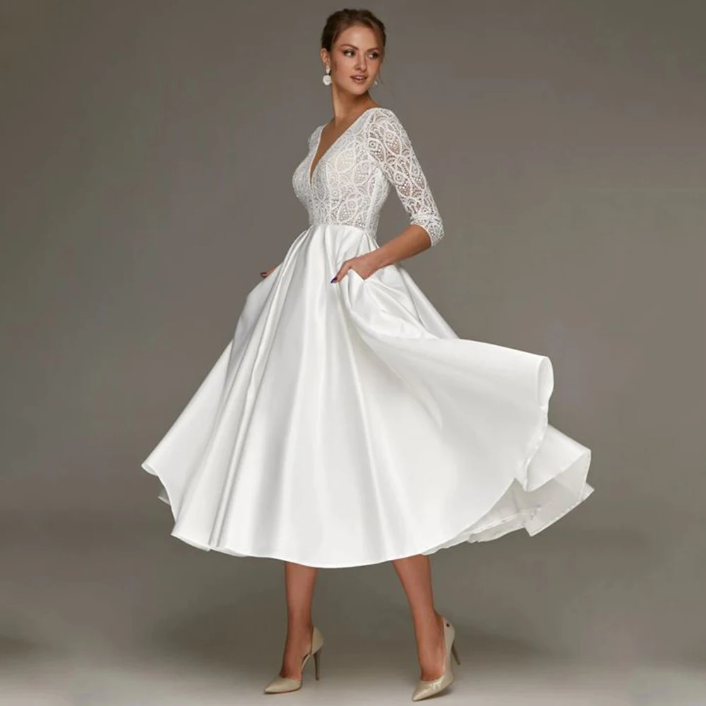 Kurze Hochzeit Kleid Spitze V-ausschnitt 3/4 Ärmeln Midi Hochzeit Kleid 2023 Weiß Satin Tee Länge EINE Linie Einfache Braut kleider für Frauen