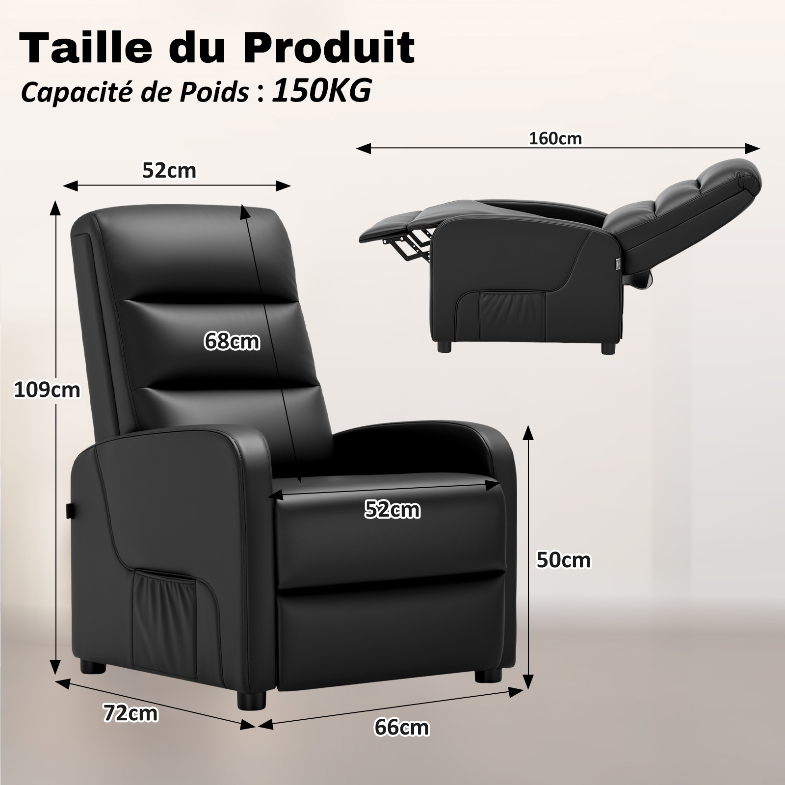 COMHOMA Fauteuil Relax Fauteuil TV avec Dossier Réglable jusqu'à 160°, Coussin Plume avec Repose-pieds Fauteuil Lounge Simple Salon Fauteuil Lounge Simple Chambre Home Cinéma PU