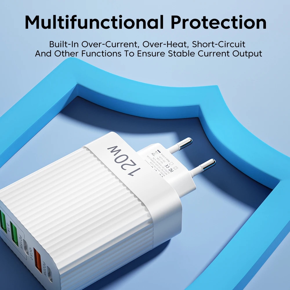 Cargador USB de 5 puertos QC 3,0 tipo C PD, carga rápida para iPhone 15 14 Samsung Huawei Xiaomi, cargador de pared con enchufe europeo/estadounidense