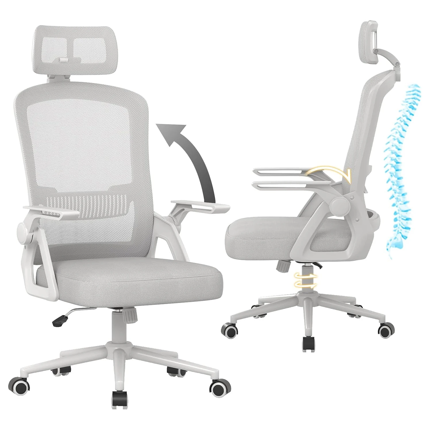 Silla de oficina ergonómica Naspaluro, silla de escritorio con reposacabezas, cubierta de malla transpirable, soporte Lumbar, silla de ordenador 360 °   Silla giratoria