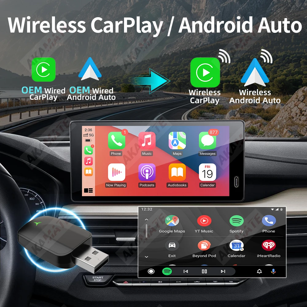 Dongle wireless CarPlay Adattatore wireless Android Auto 2 in 1 per veicoli CarPlay cablati OEM Autoradio Plug and Play Bluetooth ﻿