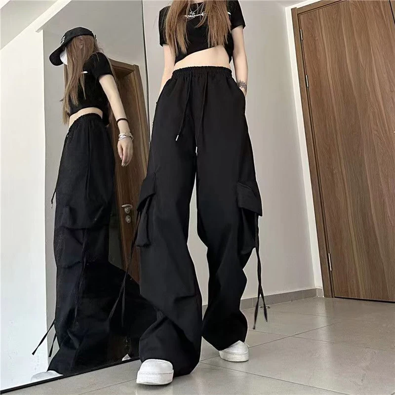 Pantaloni cargo Y2K da donna Moda casual a vita alta Tasche grandi Pantaloni Hip Hop Pantaloni sportivi larghi con coulisse streetwear femminile