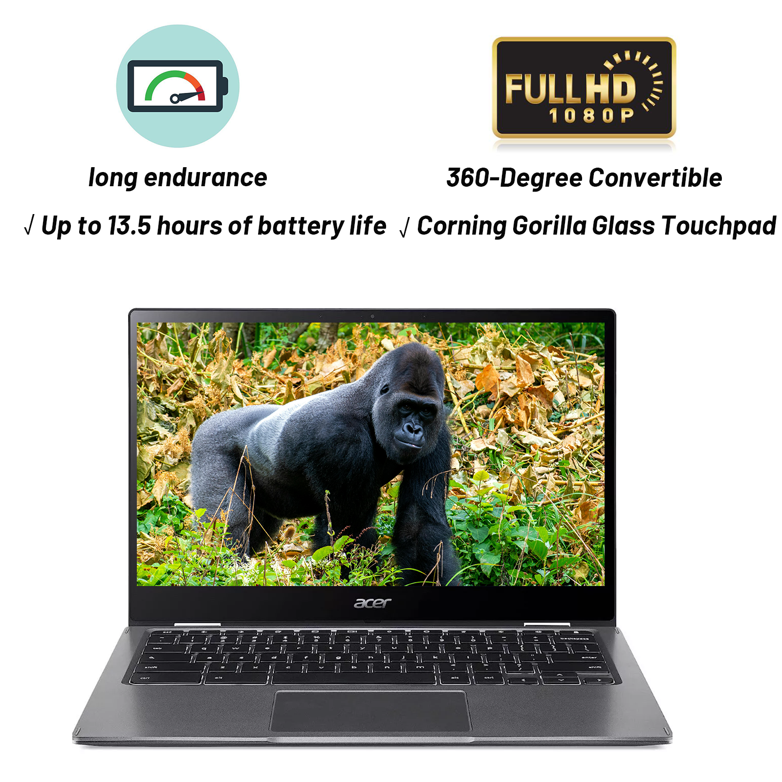 acer 13.3" Chromebook Laptop, Spin 513 1080 FHD IPS Corning Touchscreen, 4GB LPDDR4 RAM, 64GB EMMC, Qualcomm Snapdragon 7