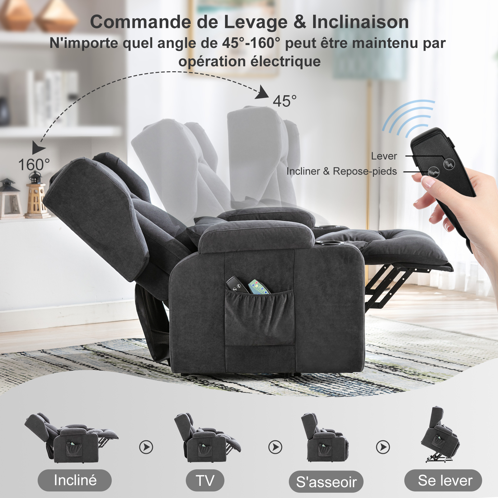 Fauteuil inclinable COMHOMA, fauteuil de massage avec surface en tissu, fauteuil releveur électrique, fauteuil TV, fauteuil avec fonction d'inclinaison, tissu