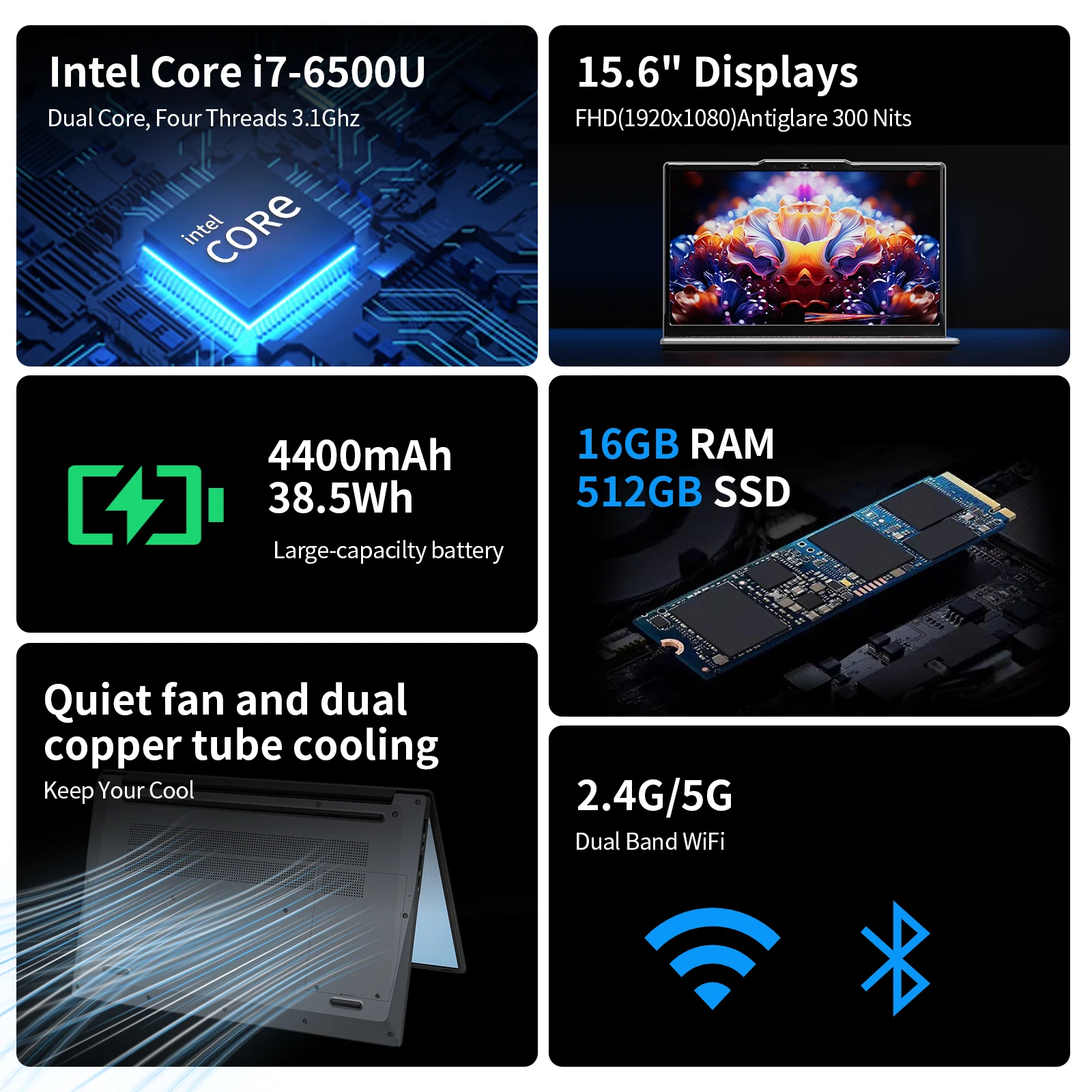 Laptop portatile da 15,6" SSD Intel i7-6500U 16 GB Ram 1 TB / 512 GB Notebook Windows 11 Gamer Office Retroilluminato Fingerpri Wifi Computer