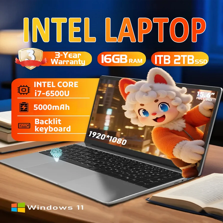 Laptop FUCHU 2025 Intel Core i7-6500U 16GB RAM 1TB 2TB SSD Windows 11 Laptop Odblokowanie odciskiem palca Przenośny laptop biznesowy do nauki