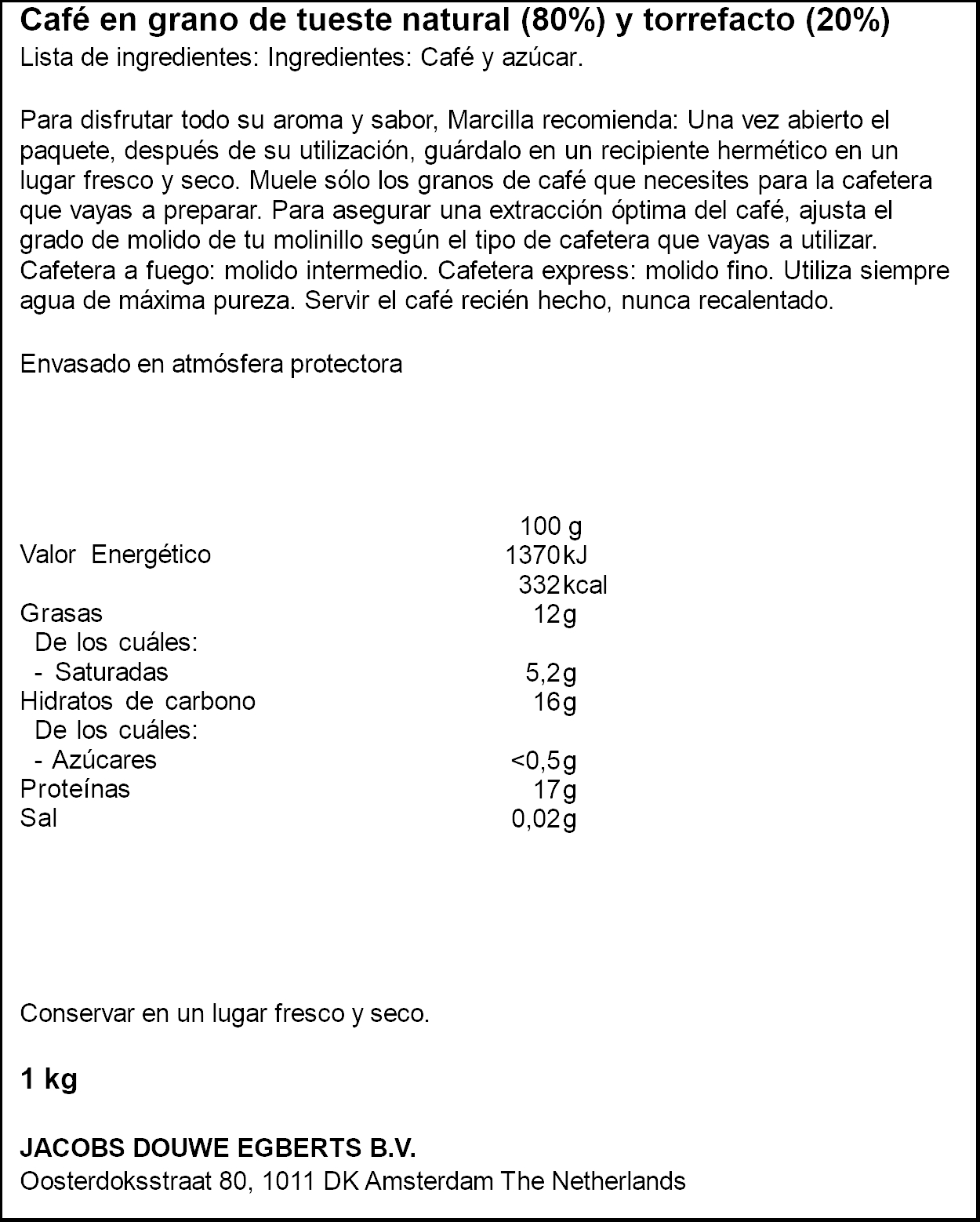 Cafe Marcilla Mezcla 80/20 en grano 1Kg Gran aroma