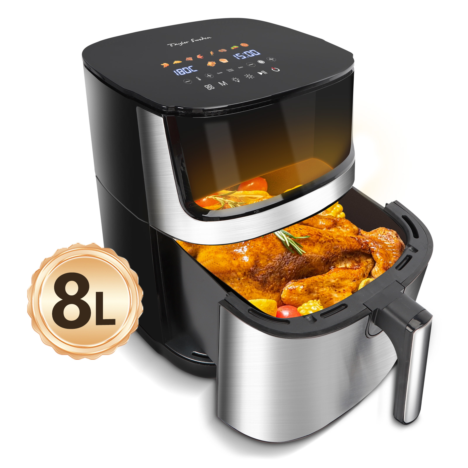 Taylor Swoden Freidora de Aire Electrónica - 8 L con Ventana de Visualización, Calentamiento De Doble Elemento, 10 Funciones Preestablecidas, 2000W.