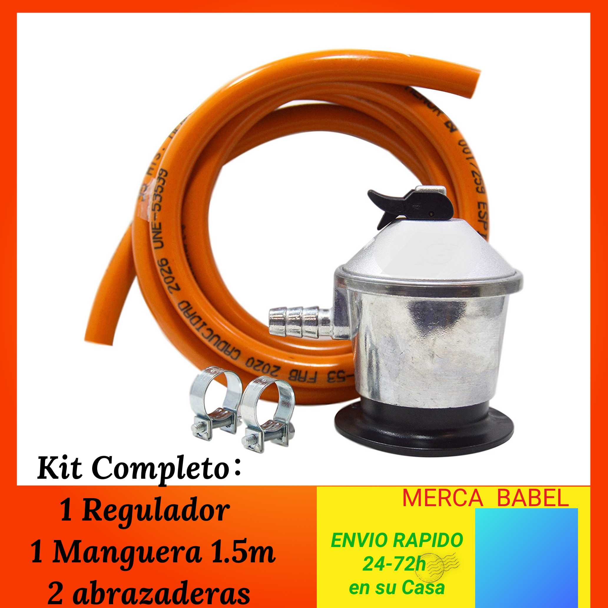 Cabeça de Butano 50 mbar, Kit Regulador de Gás Butano com Válvula de Segurança 29 mbar, Mangueira de Butano de 1,5m com 2 Agrafos, Conjuntos Completos ou Peças Soltas, Universal