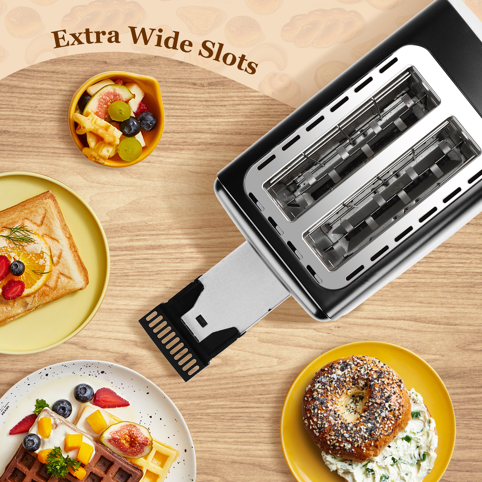 AIGOSTAR Tostadora, 3 Funciones, 2 Ranuras Extra Anchas y Rejilla Calentadora de Acero Inoxidable, 7 Ajustes, Bandeja Recogemigas Desmontable,Descongelación y Recalentar, Apagado Auto.(750W)