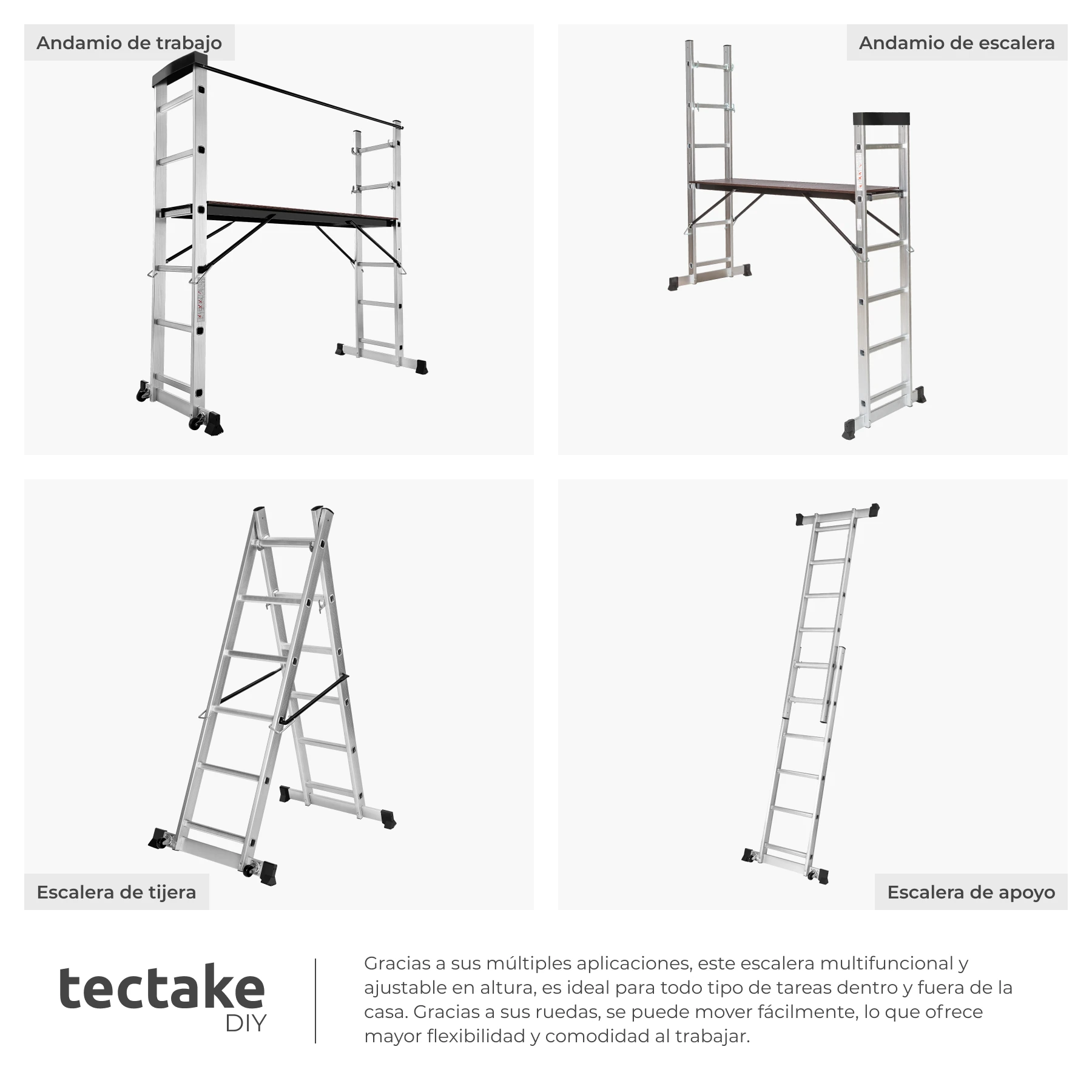 Tectake - Escada multiusos em alumínio Escada 4 em 1: escada simples, escada de tesoura, andaime simples e andaime para desníveis Grande plataforma de trabalho, aprox. 147 x 40 cm Com duas rodas, a posição muda facilmente