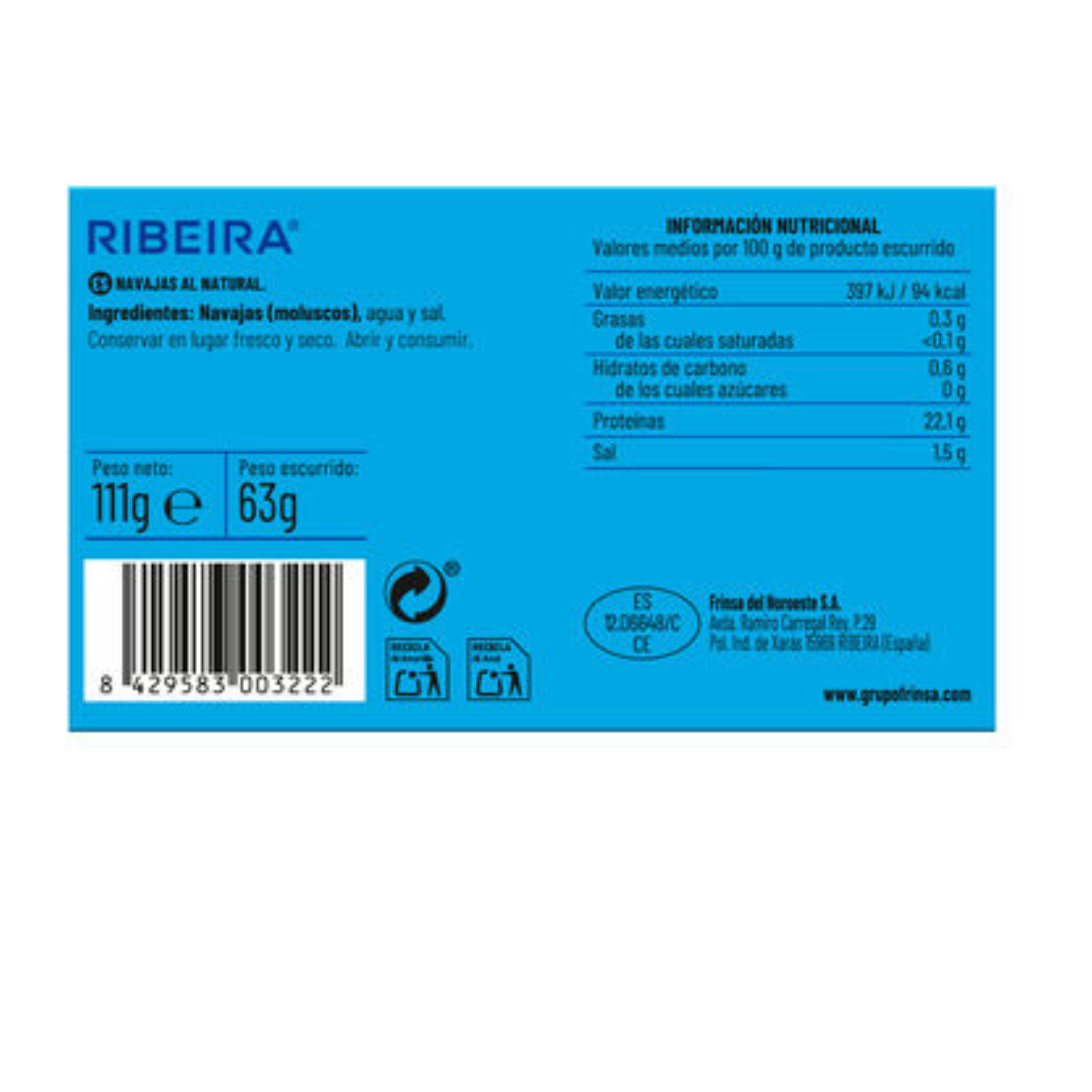 6 LATAS NAVAJAS AL NATURAL 378G.N.E  RIBEIRA SABOR Y CALIDAD