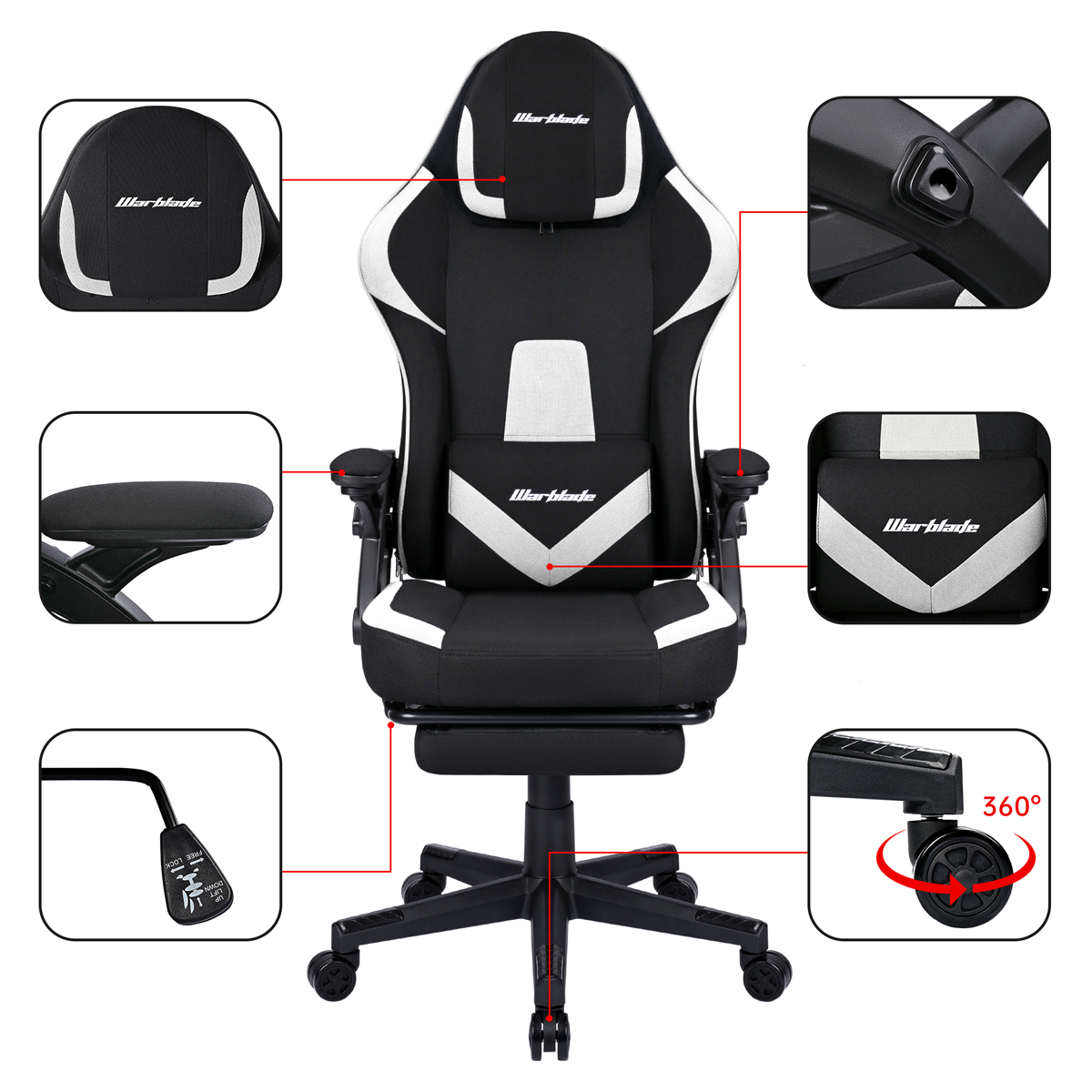 T-Lovendo - Cadeira gamer profissional ergonómica e tecido respirável resistente a manchas, apoios de braços rebatíveis, altura e encosto ajustáveis, com apoio para os pés. Garantia de satisfação.