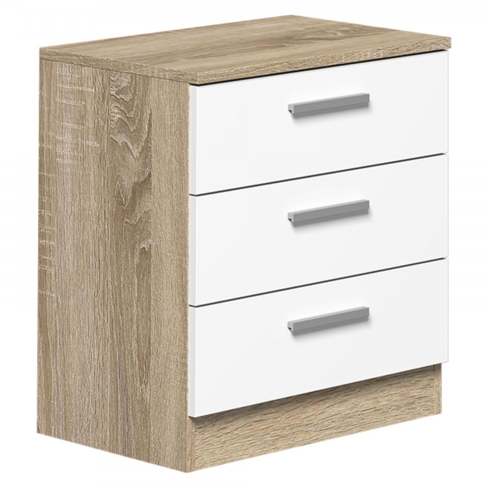 Mesita de noche modelo Monika 3 cajones. Disponible en varios colores