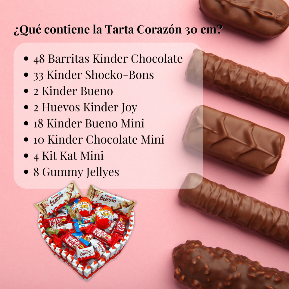 Corazon de Chocolate Kinder + 125 Chocolates - Regalo Ideal para San Valentin - Corazon de Chocolate de 30 cms. Kinder Bueno - Kinder Joy - Kit Kat [IAMI]