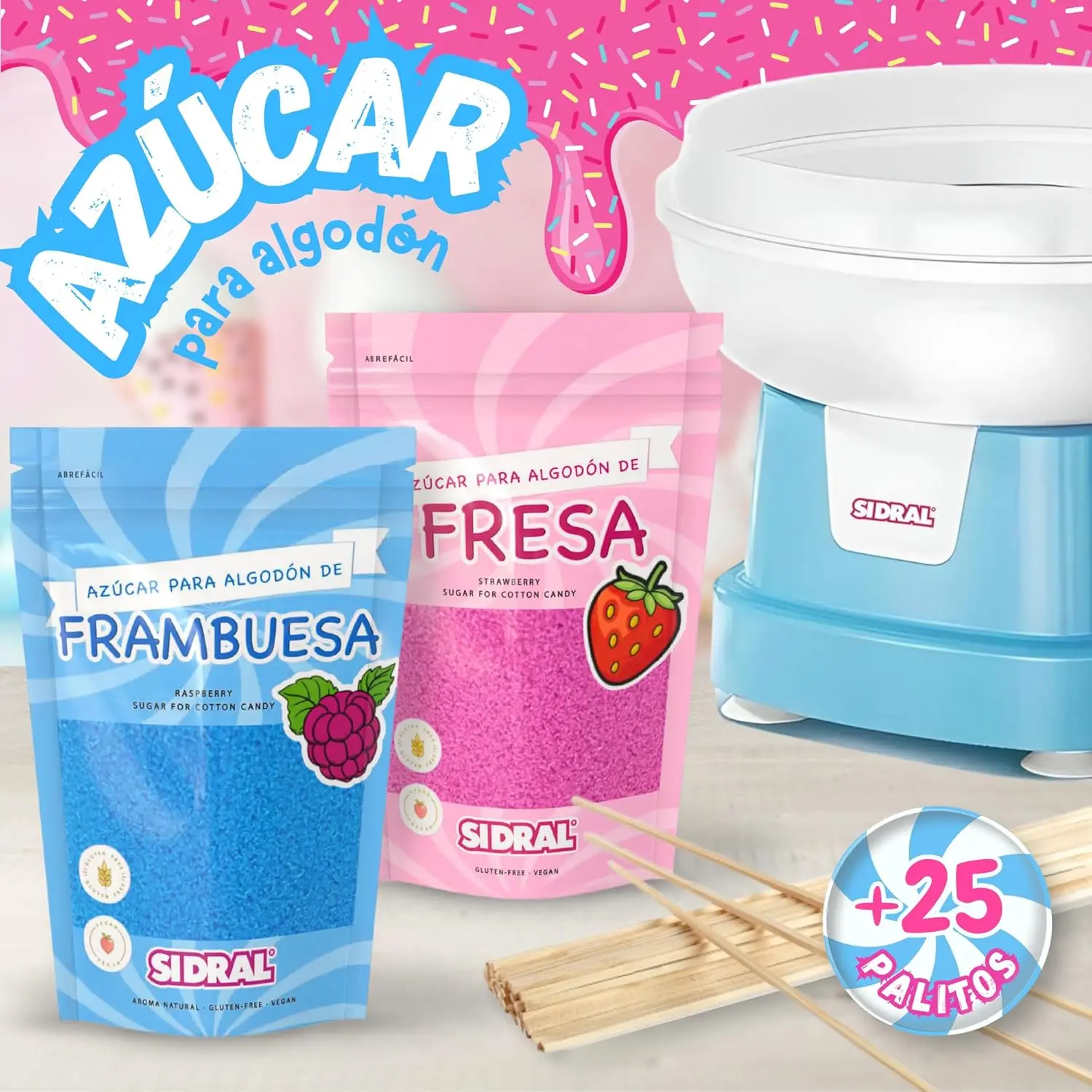 SIDRAL Azucar para Máquina Algodón ( 2 x 250 gr) CON 20 PALITOS RECICLABLES PARA DEGUSTACION ( FRESA/FRAMBUESA