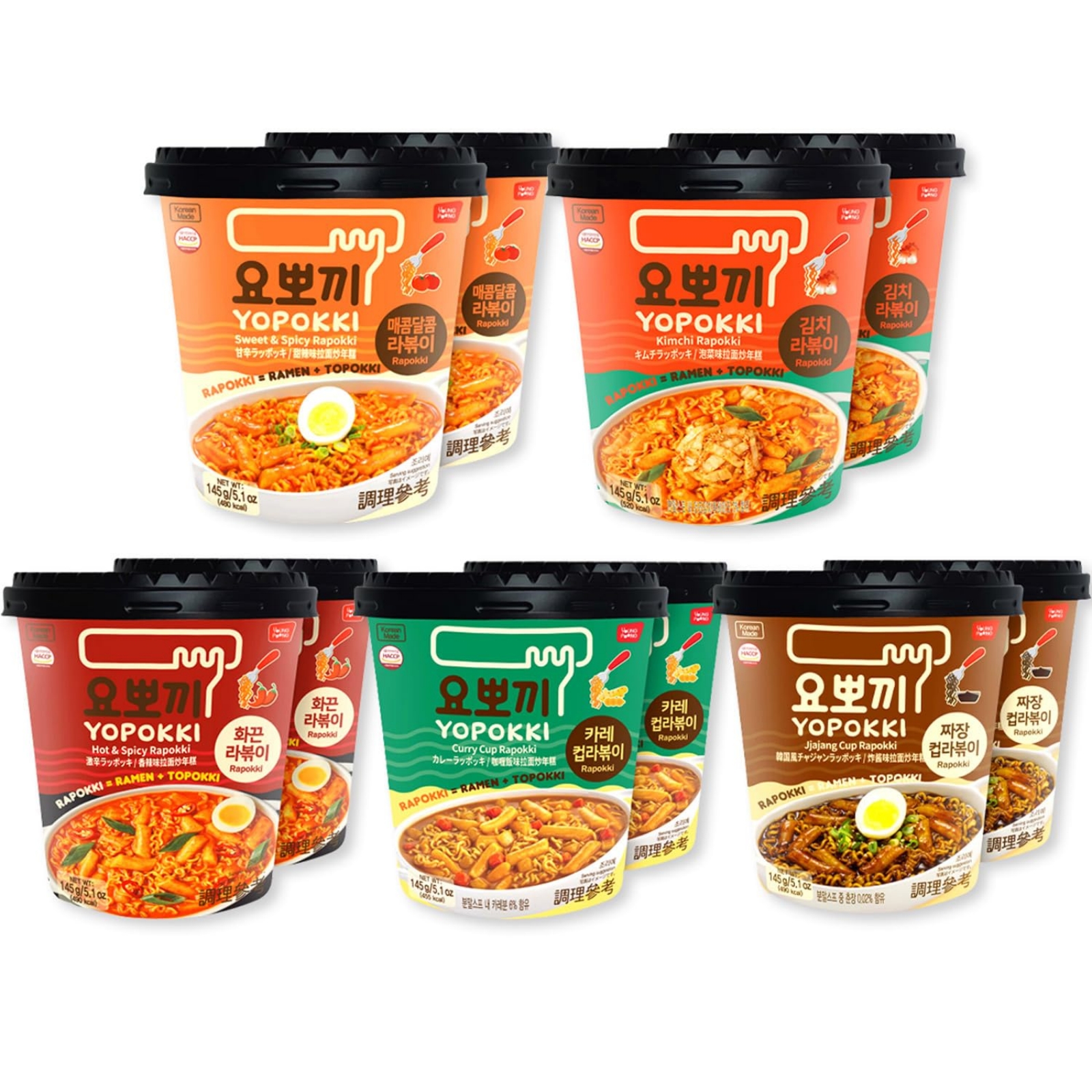 Rapokki Coreano( Ramen+ Topokki), Yopokki,pasteles de arroz, 5 sabores (dulce& picante, kimchi,  picante, curry,  Jjajang)