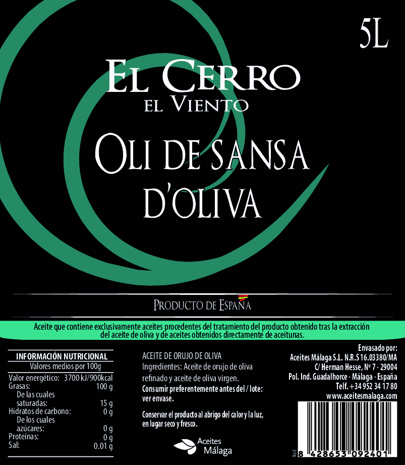 EL+CERRO+EL+VIENTO Aceite de Orujo de Oliva PET Garrafa Transparente  Asa Negra 5L