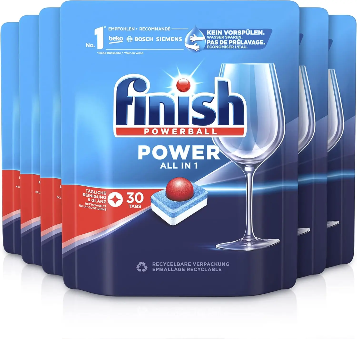 Finish Power All in 1 - Confezione da 5 confezioni da 25+25 (250) compresse o confezione da 2 confezioni da 25+25 (100) compresse per lavastoviglie senza fosfato, con Powerball per rimuovere le macchie di grasso più difficili.