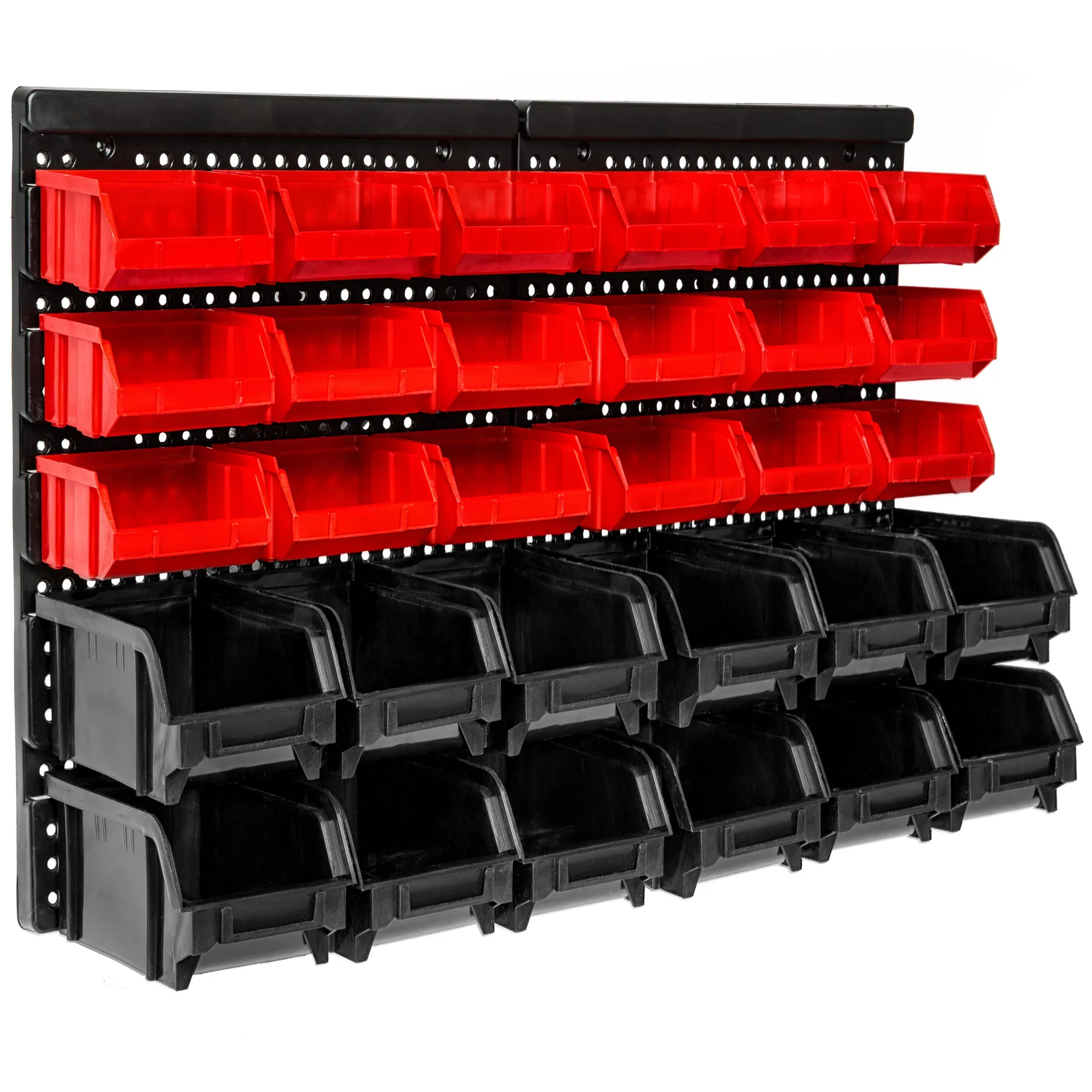 Tectake - Paneles de pared con 30 cajas para tornillería pequeña, 18 cajas apilables medianas (rojas), 12 cajas apilables grandes (negras) , Panel de pared resistente para montar los estantes de pequeñas piezas