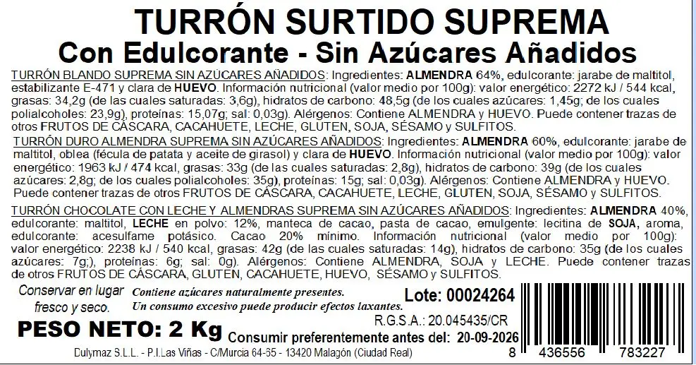 Surtido de Turrones Sin Azúcar Calidad Suprema Caja 2 Kg - Dulces de Almendra
