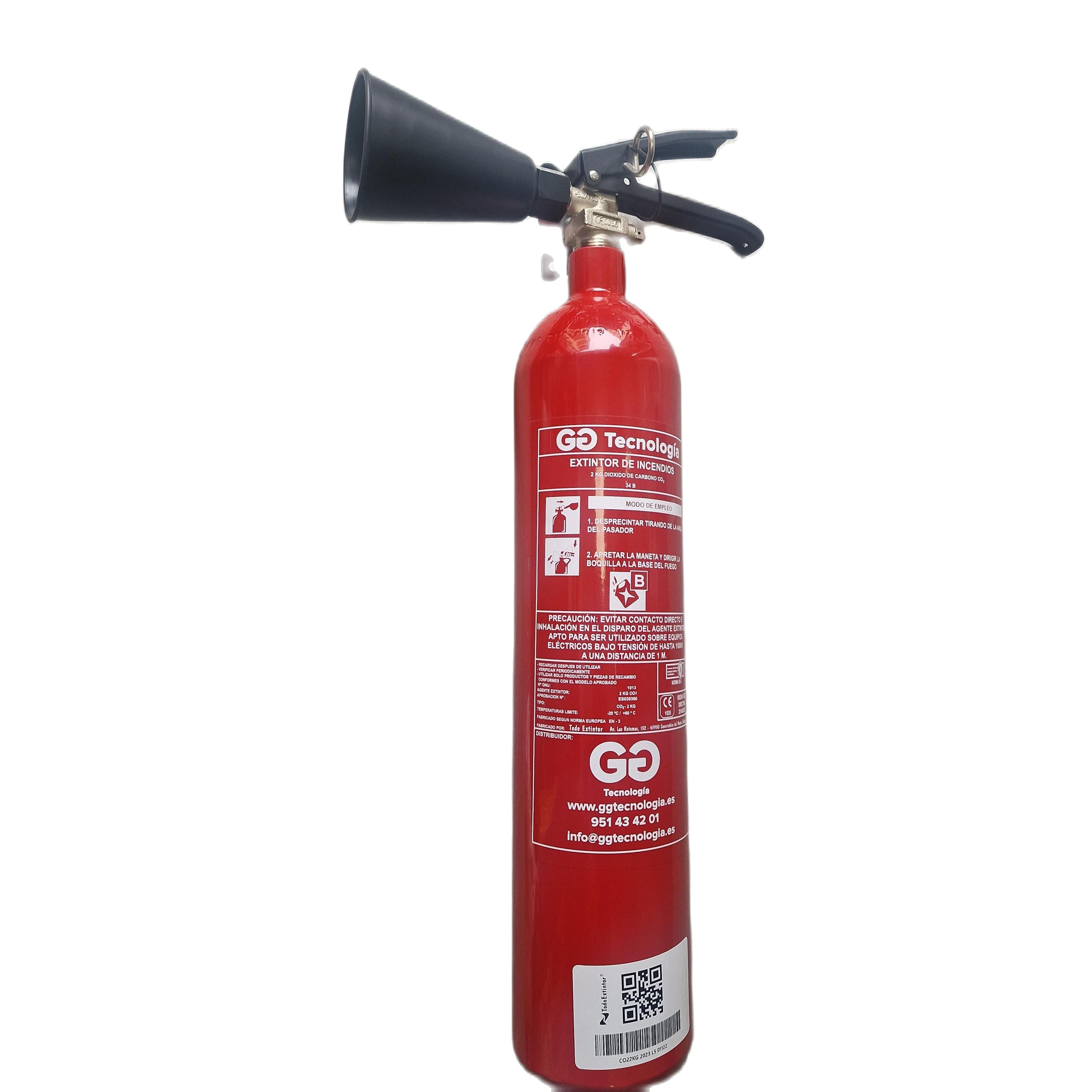 Extintor de CO2  2 Kg  34-B C Con Soporte Pared Incluido y vaso difusor especial para CO2. EN-3/96. Certificado y Homologado