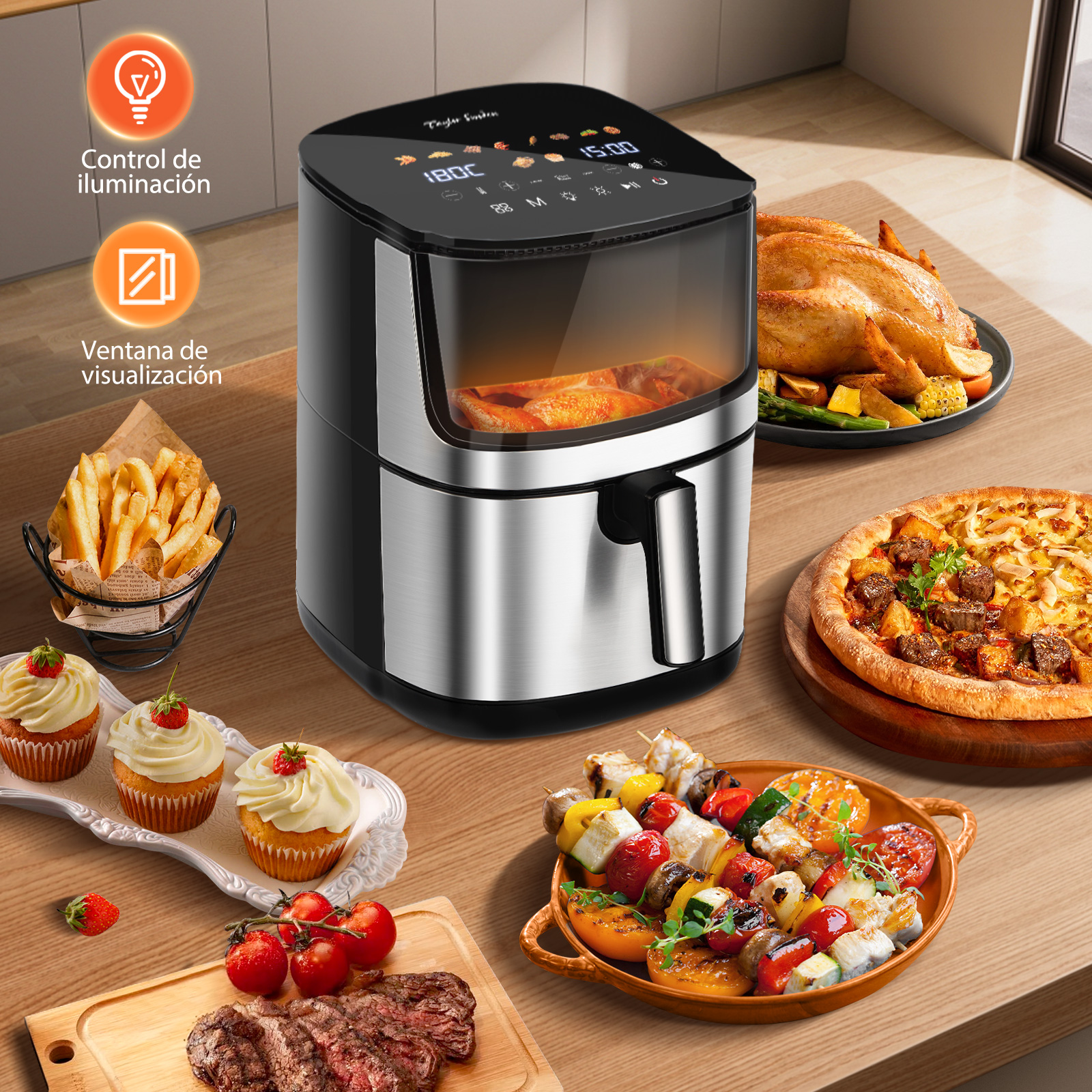Taylor Swoden Freidora de Aire Electrónica - 8 L con Ventana de Visualización, Calentamiento De Doble Elemento, 10 Funciones Preestablecidas, 2000W.