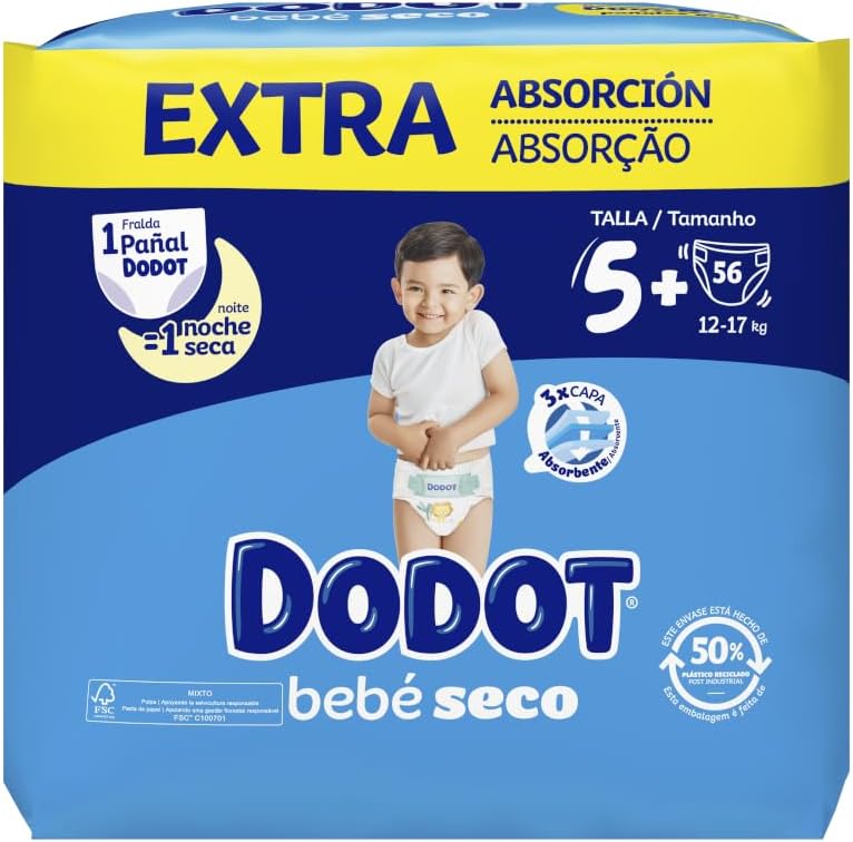Dodot Pañales Bebé-Seco Talla 5+ PLUS  (12-17 kg) - 56 Pañales con Protección Antifugas - Pack Talla 5+ Plus Jumbo