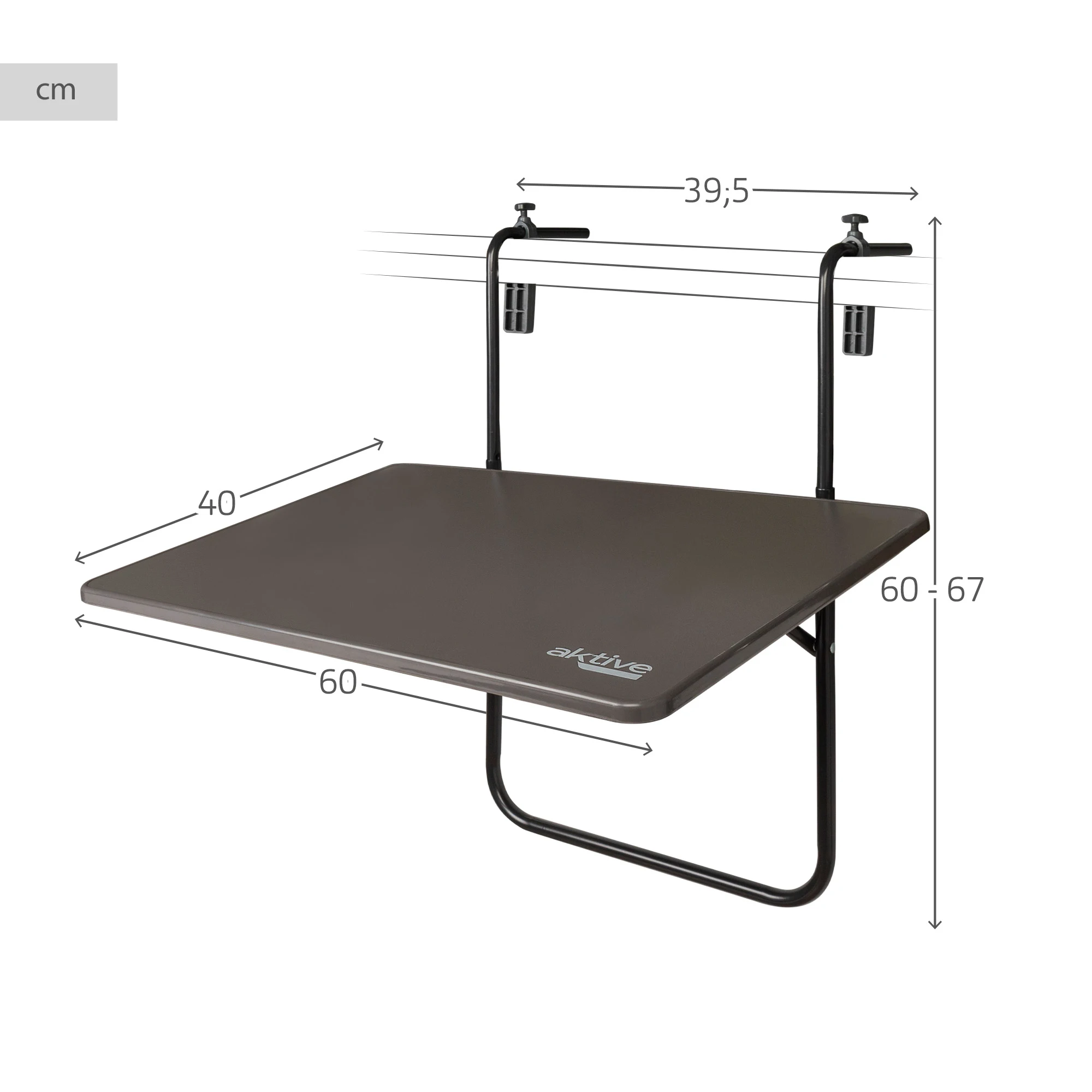 Aktive Tavolo Pieghevole Rettangolare per Balcone Terrazza Ringhiera, Antracite, 60x40x60/67 cm, Altezza Regolabile, Inclinazione 3 Posizioni, Flip Board, Max. 20 kg, acciaio e legno MDF, resistente e durevole, uso individuale