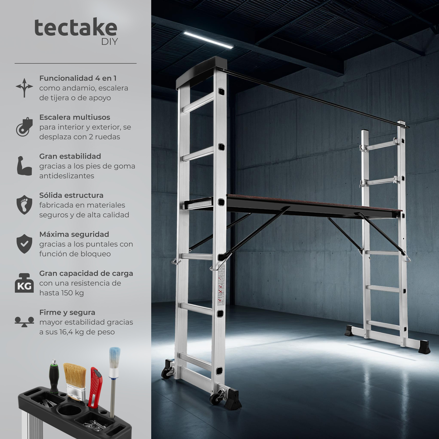 Tectake - Escada multiusos em alumínio Escada 4 em 1: escada simples, escada de tesoura, andaime simples e andaime para desníveis Grande plataforma de trabalho, aprox. 147 x 40 cm Com duas rodas, a posição muda facilmente