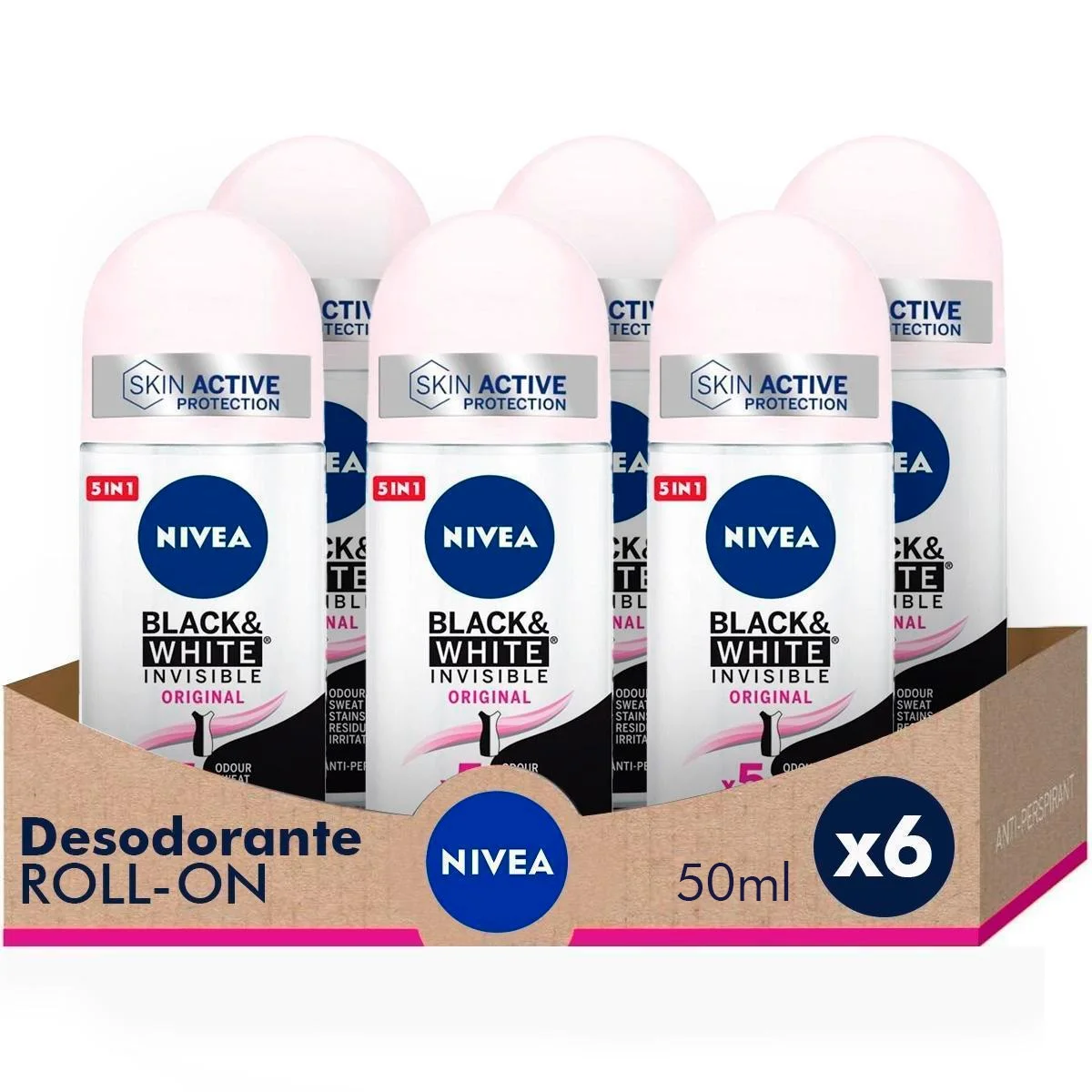 NIVEA Savings Pack - Black & White Invisible Original Roll on Desodorizante para mulher 50ml x 6 unidades.
