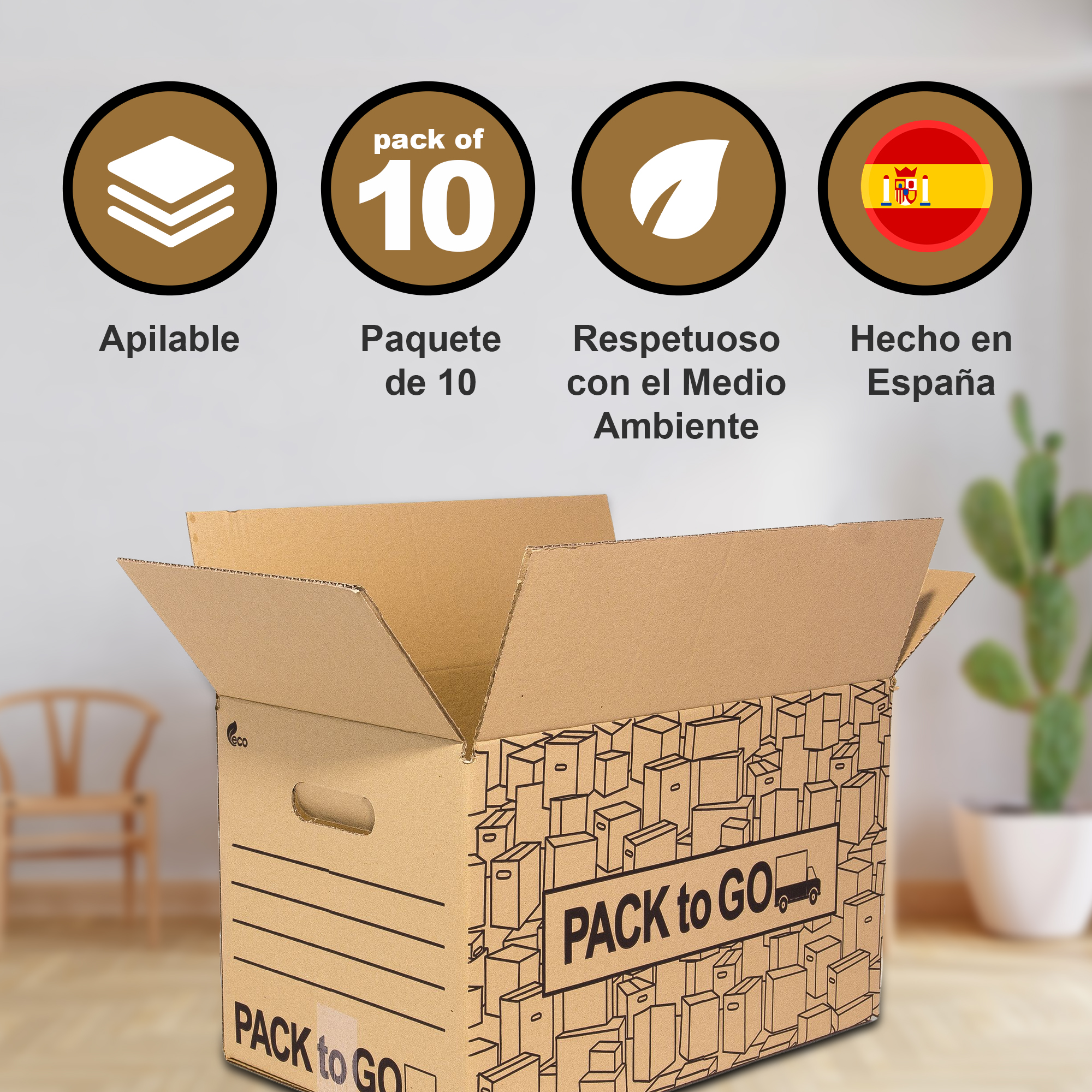 PACK to Go Pack 10 Cajas Carton Almacenaje de 50x30x30cm, Mudanza con Asas, Carton reforzado.