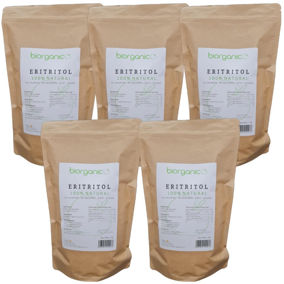 Eritritol 100% natural 5Kg. Pack oferta. KETO. Vegano. Sin MGOs. Edulcorante granulado Cero calorías. Biorganic, marca española.