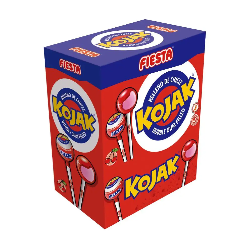 Kojak Fiesta - Caja 100 Kojak - Sabores: Cereza - Cola - Helado - Power - Sandia - Pop Corn. Chupa Chup Kojak Relleno de Chicle