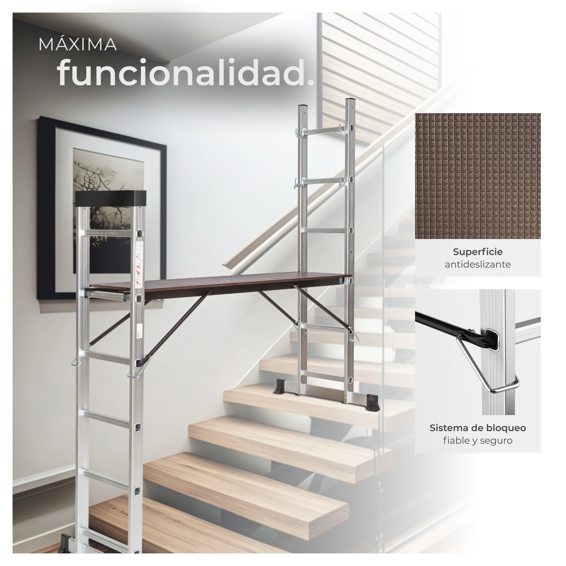 Tectake - Escada multiusos em alumínio Escada 4 em 1: escada simples, escada de tesoura, andaime simples e andaime para desníveis Grande plataforma de trabalho, aprox. 147 x 40 cm Com duas rodas, a posição muda facilmente